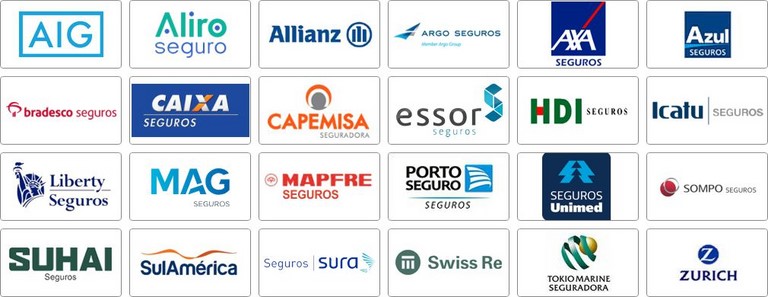 Allianz, Azul, Bradesco, Centauro-ON, Chubb, Excelsior, HDI, Icatu, Itau, Liberty, Mapfre, Mongeral, Porto Seguro, Suhai, SulAmerica, Tókio Marine, Unimed Seguros, Zurich